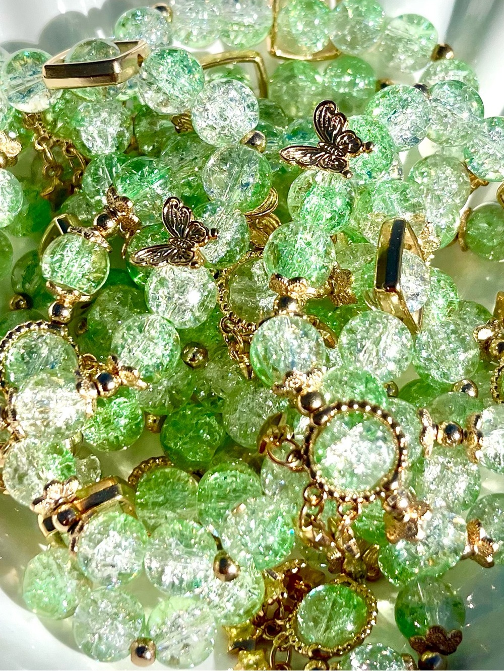 Stars & Butterflies Green Crackle Glads Beaded Bracelet NWOT